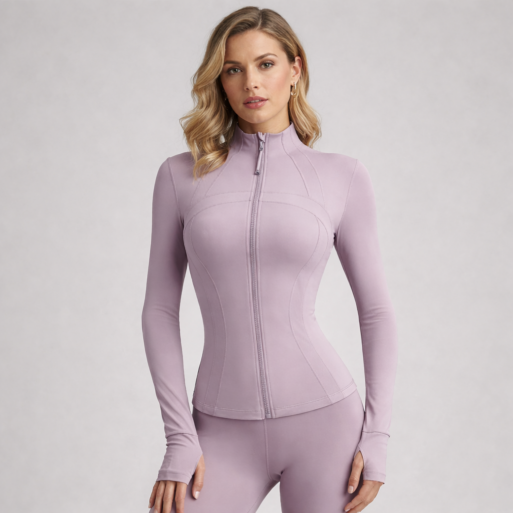 Lilac zip-up sculpting jacket worn by a model, high neck and long sleeves