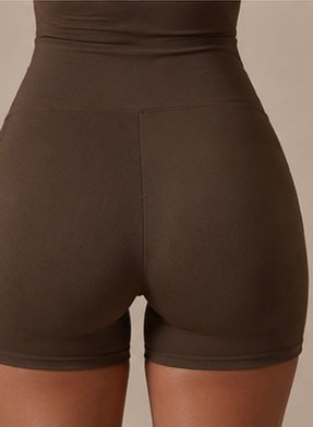Brown sculpting romper back hem with seamless mid-thigh shorts