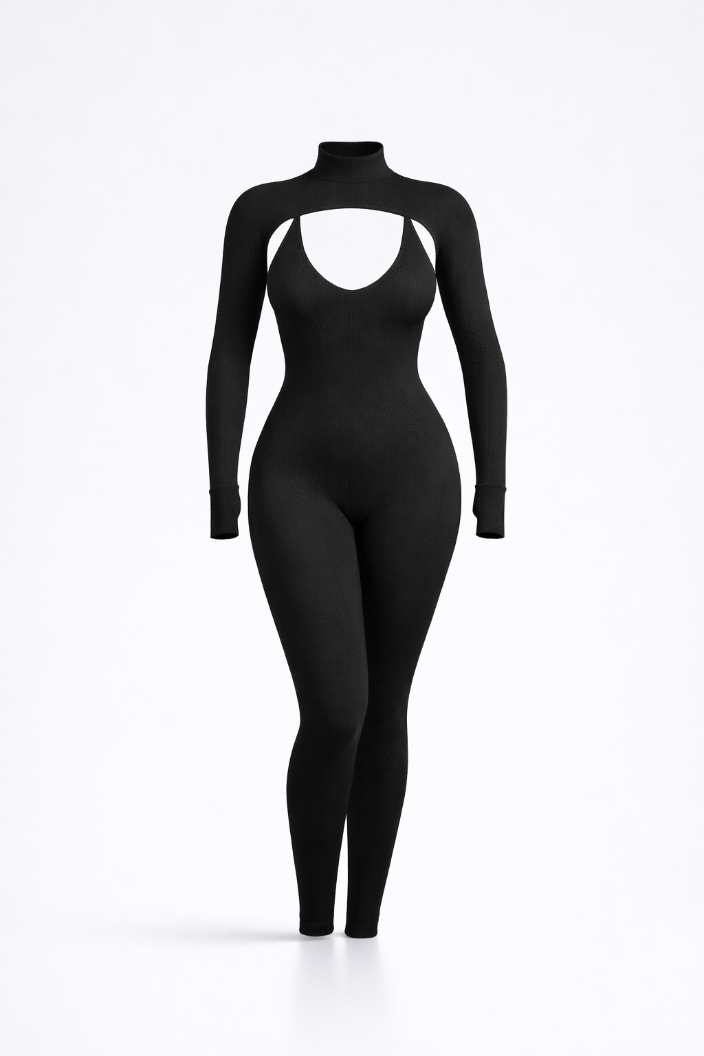 Black long-sleeve bodysuit with high neck and back oval cutout