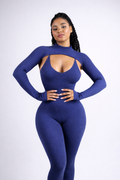 Blue long-sleeve bodysuit with shawl-style neckline and oval chest cutout