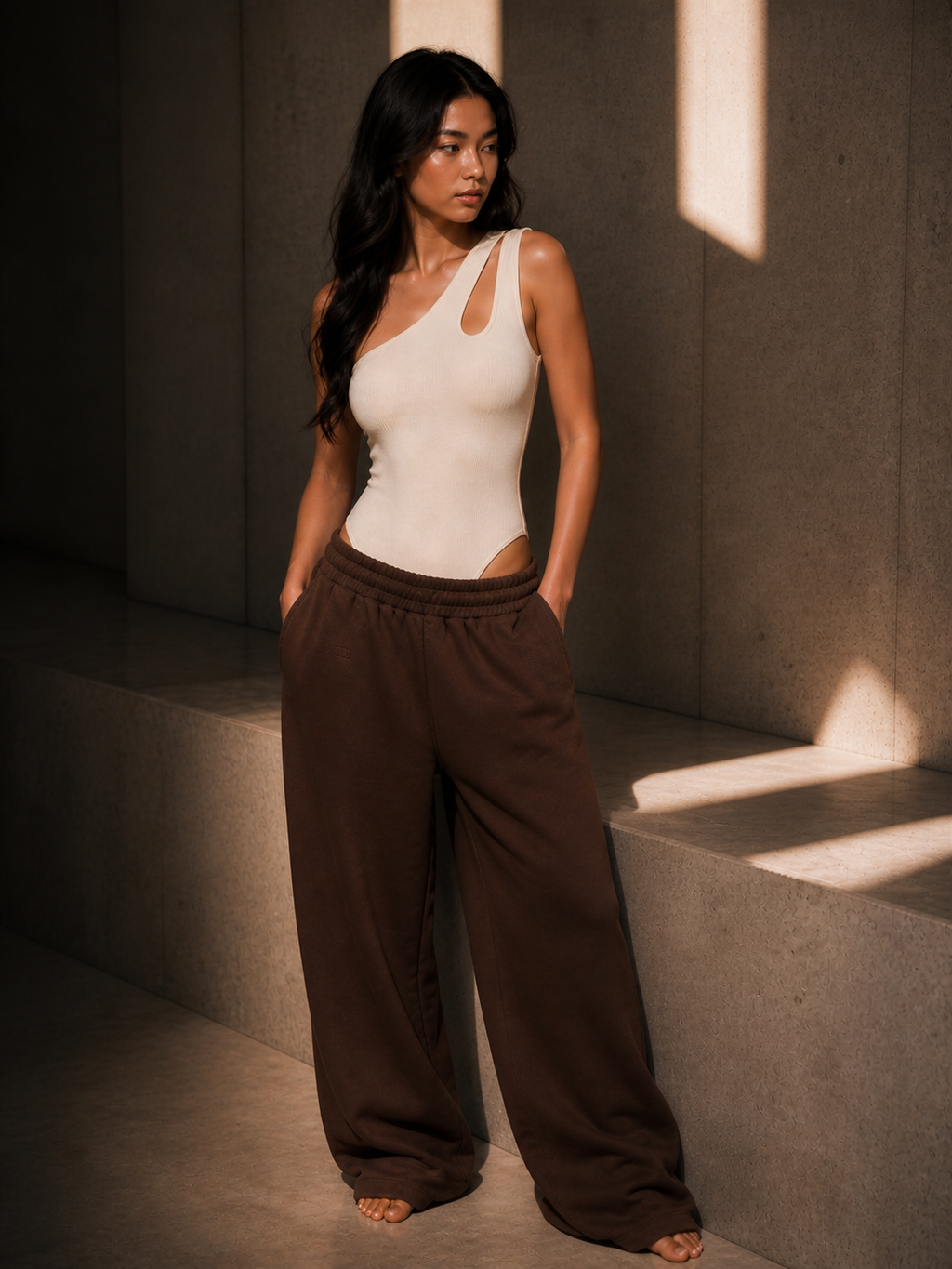 Brown oversized sweatpants with elastic waistband and drawstring, loose wide-leg silhouette.