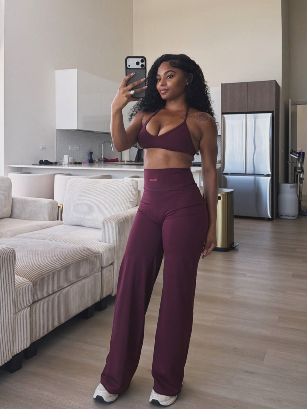 Plum bralette and flared pants set with thin straps, high-rise waistband