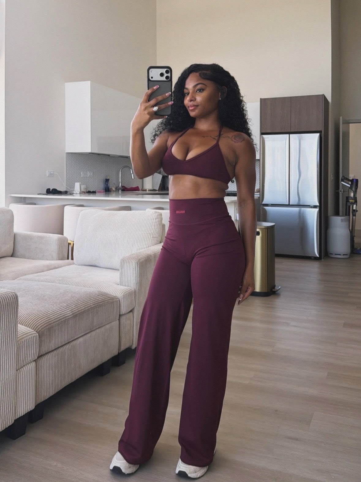 Plum bralette and flared pants set with thin straps, high-rise waistband