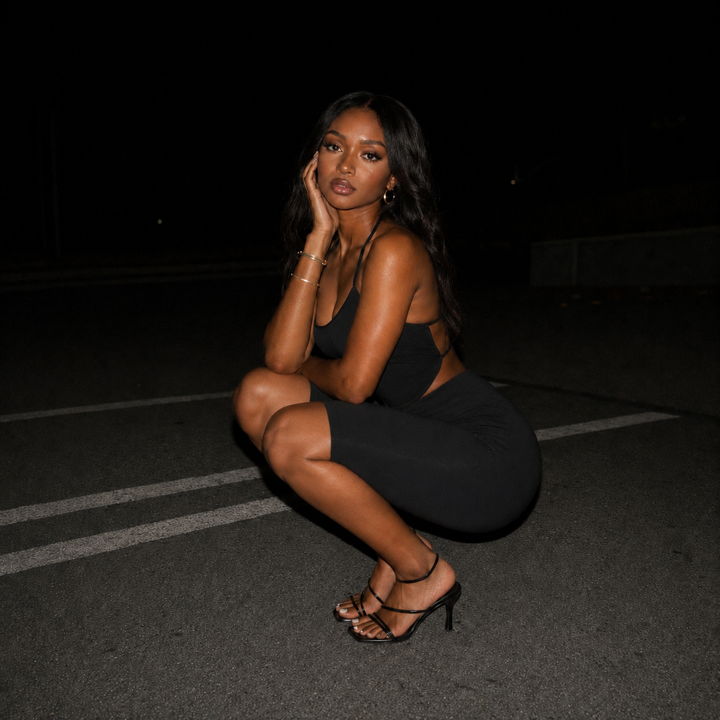Bare City set: black strappy sleeveless top and high-waist biker shorts