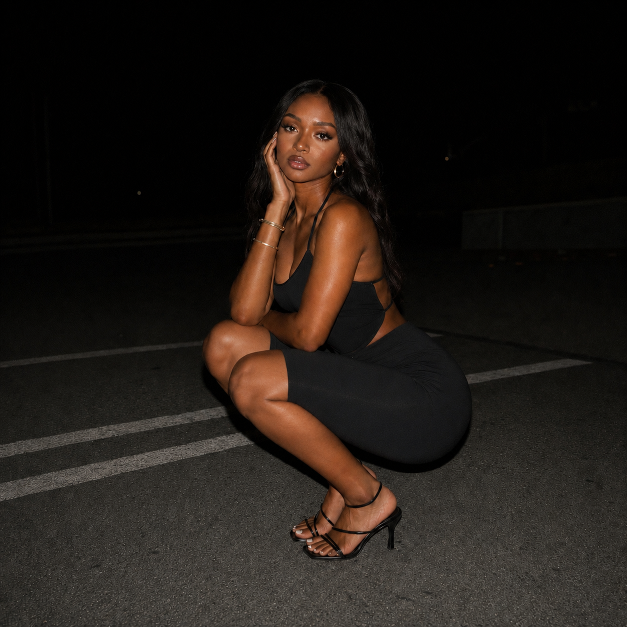 Bare City set: black strappy sleeveless top and high-waist biker shorts
