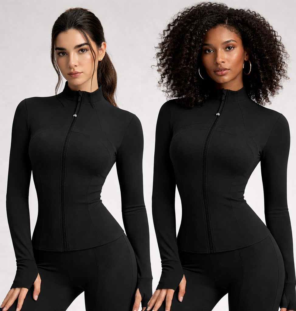 Black zip-up sculpting jacket on two models, high neck and long sleeves