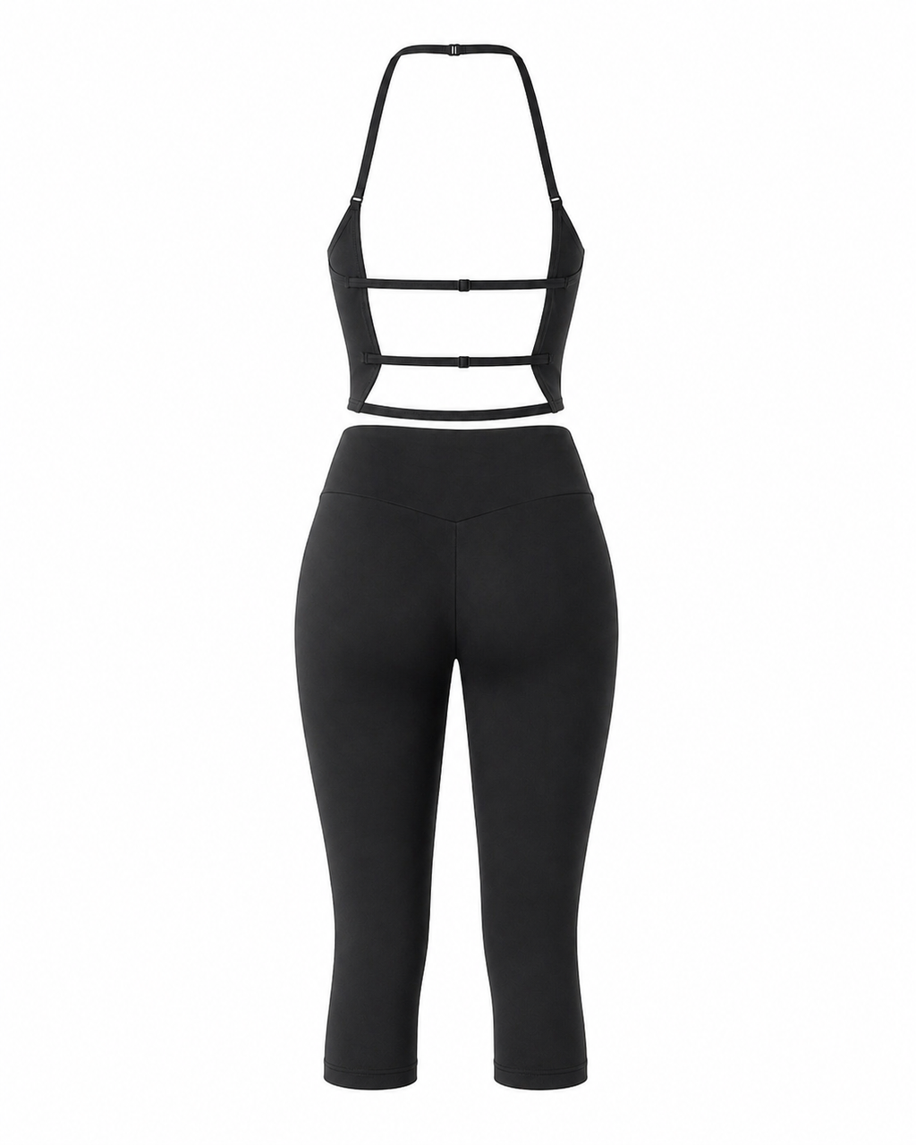 Black halter crop top and high-waist capri leggings set, open-back strap detail