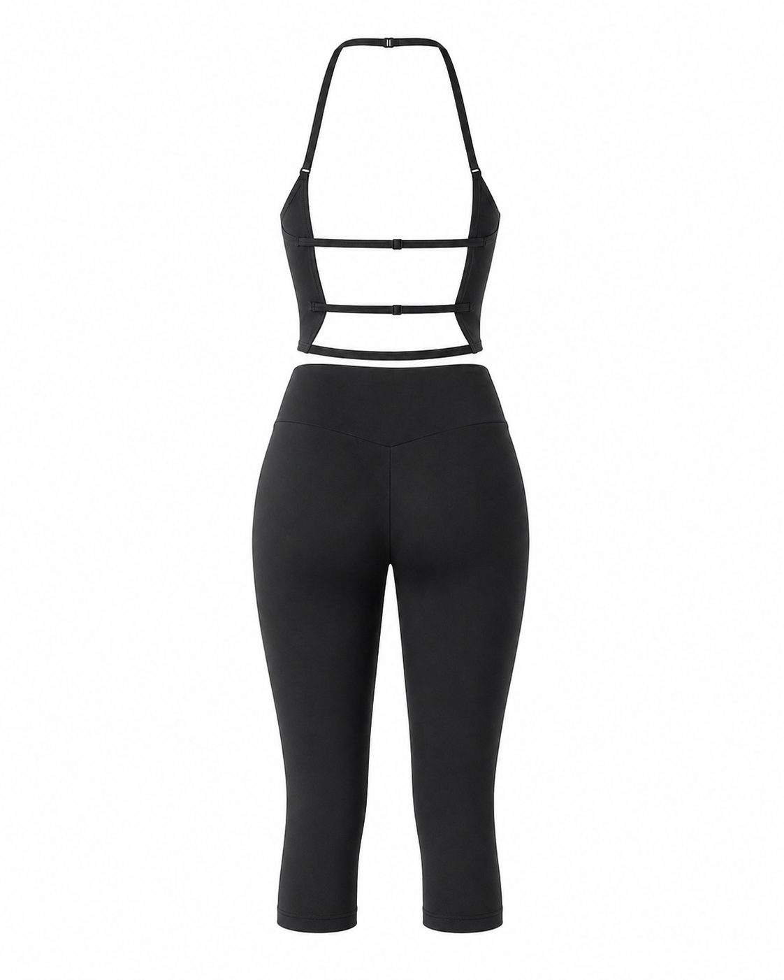 Black halter crop top and high-waist capri leggings set, open-back strap detail