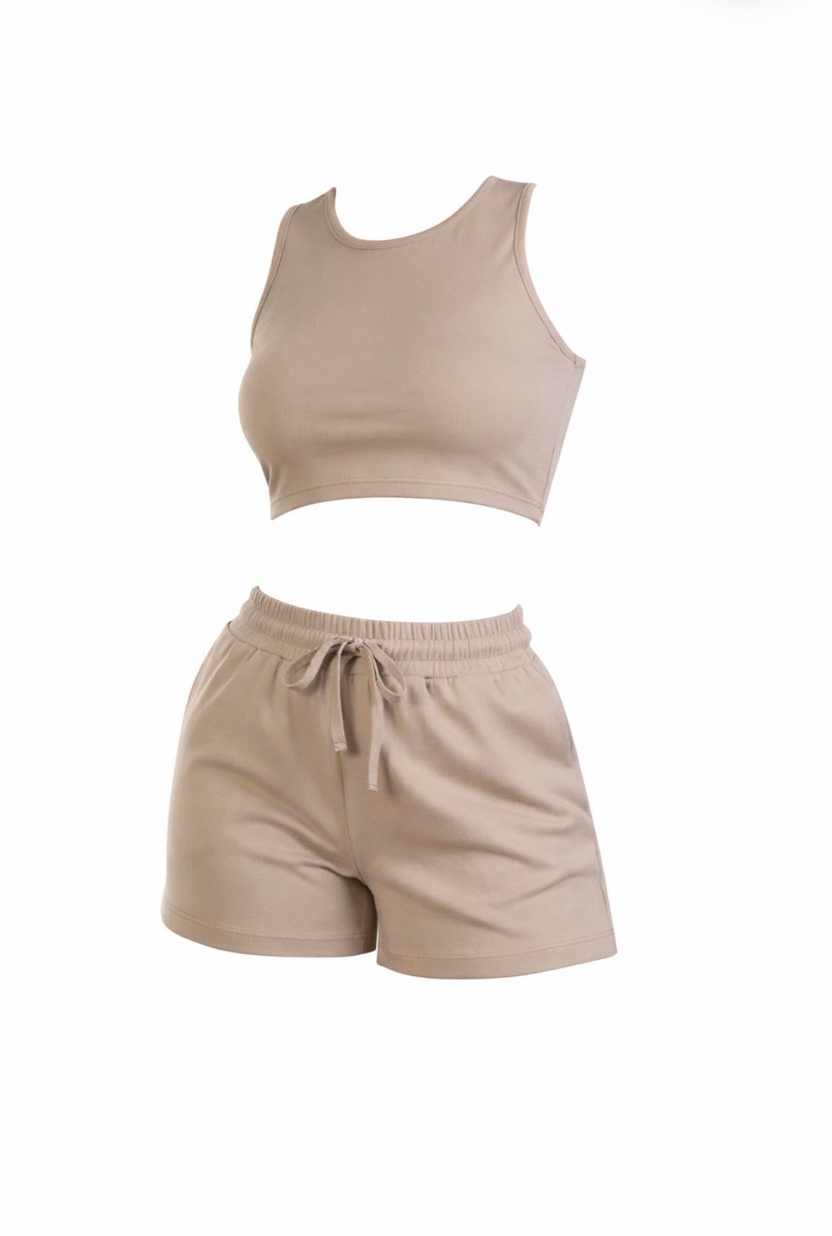 Beige two-piece loungewear set with racerback crop top and drawstring shorts