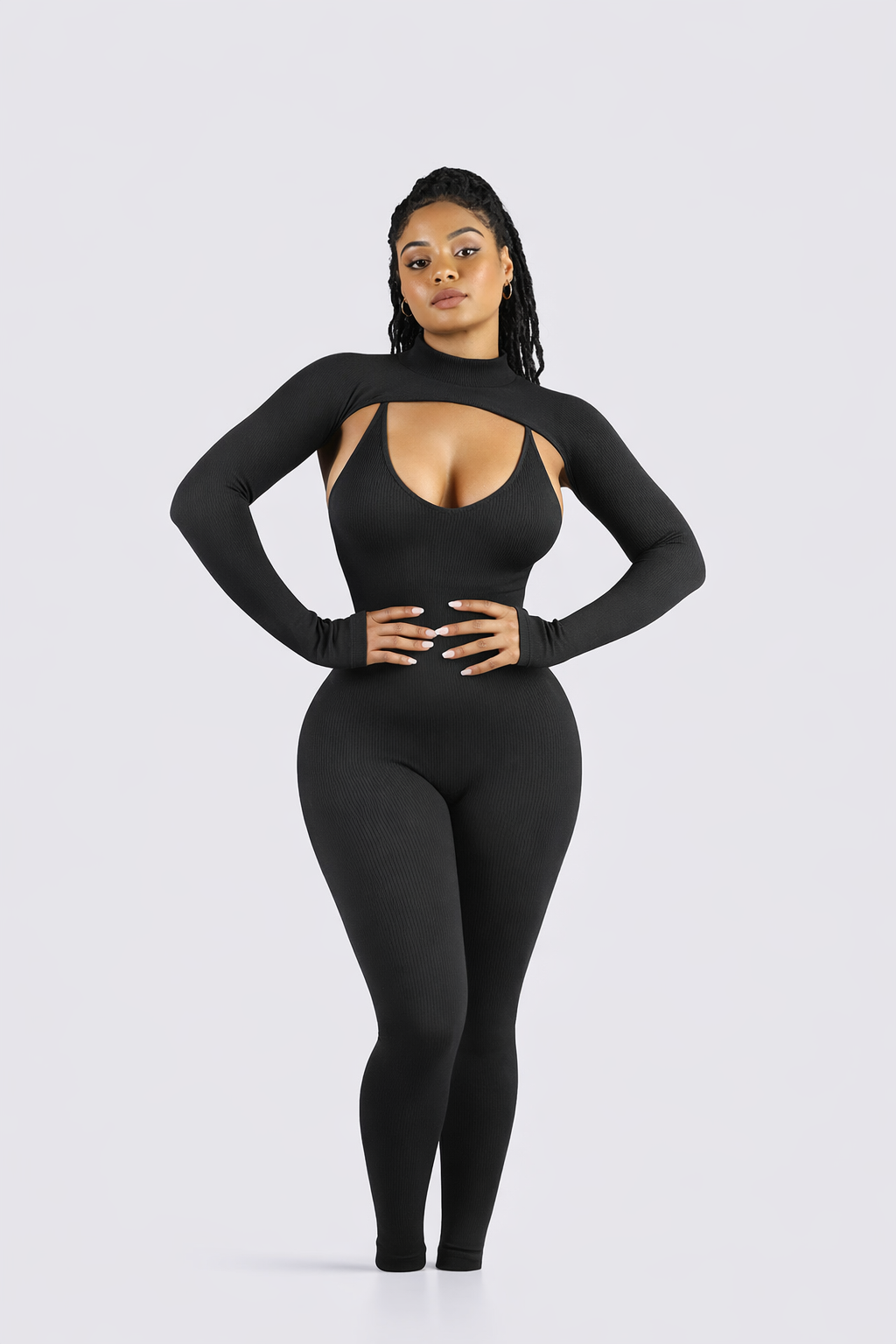 Black long-sleeve bodysuit with high neck, shawl-style top, and chest cutout