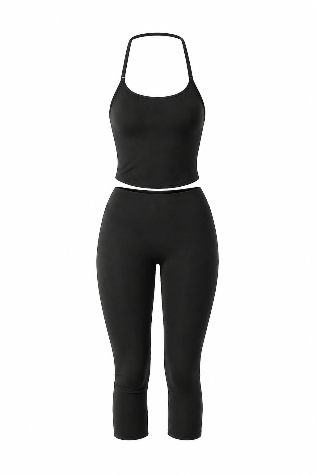 Black halter crop top and high-waist capri leggings set, sleeveless