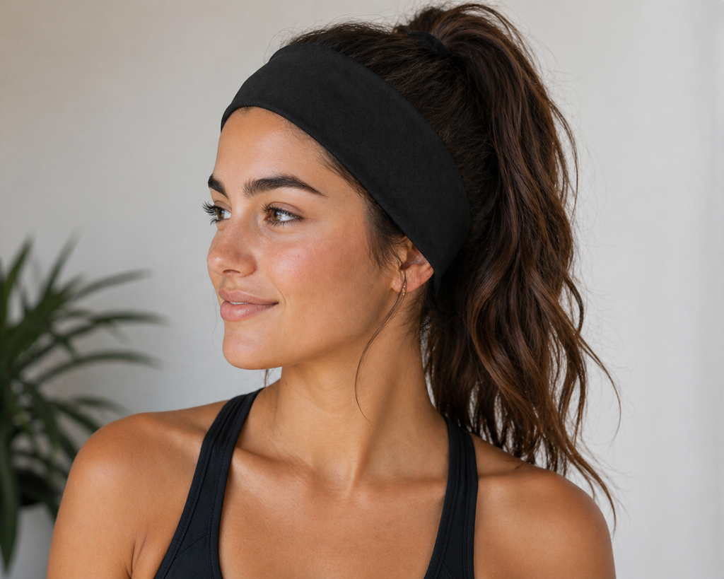 Wide black headband worn across forehead, smooth fabric