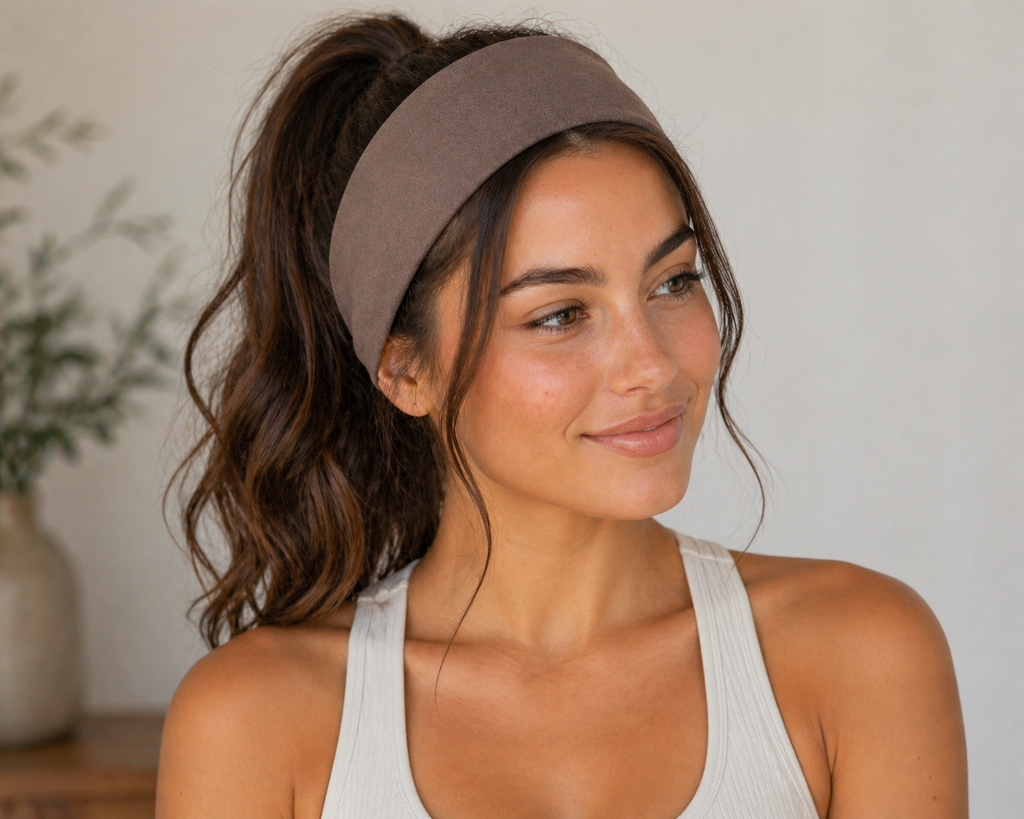 Wide taupe-brown headband worn across forehead
