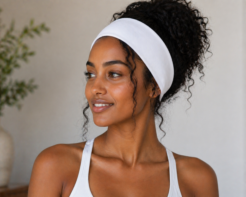 Wide polyester headband in white worn on model