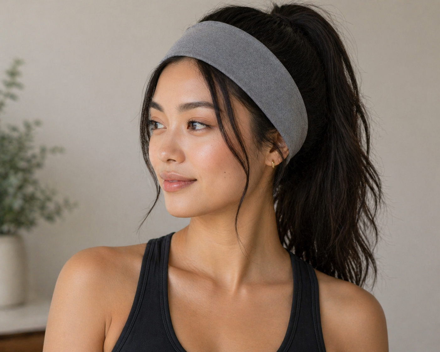 Wide polyester headband in grey worn on model