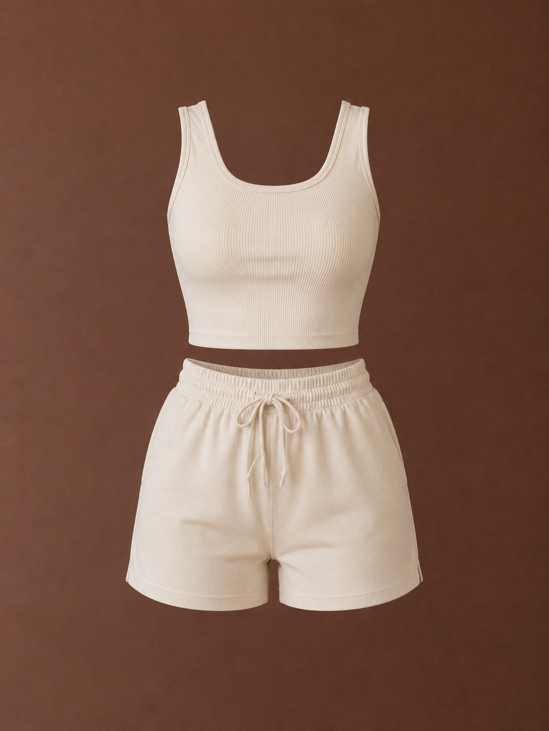 Cream ribbed tank top and drawstring shorts two-piece loungewear set