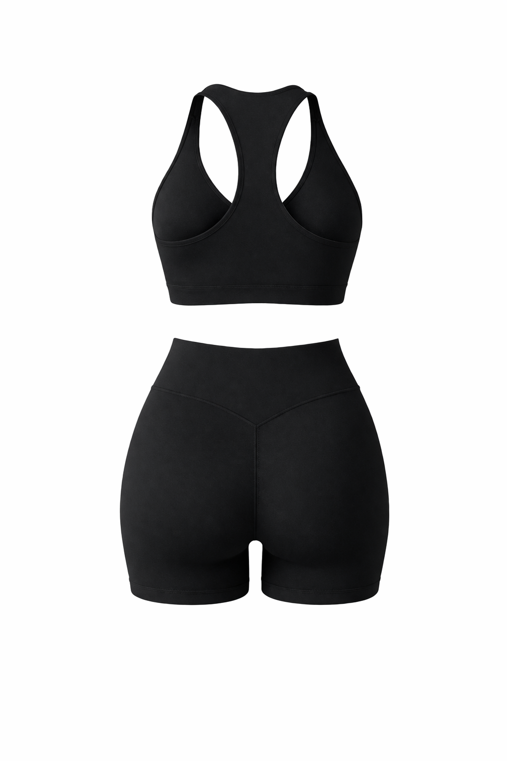 Black sports bra and high-waist shorts set, racerback bra and high-rise shorts