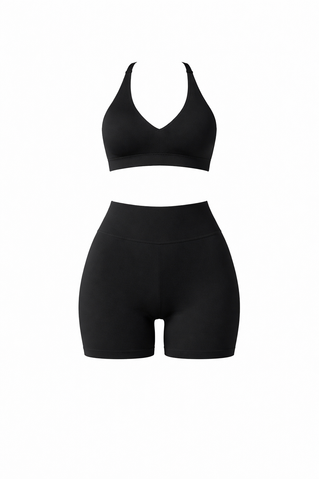 Black sports bra and high-waist shorts set, front view flat lay