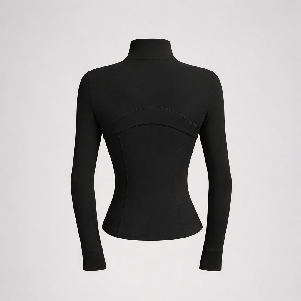 Black zip-up sculpting jacket back view with stand collar and long sleeves