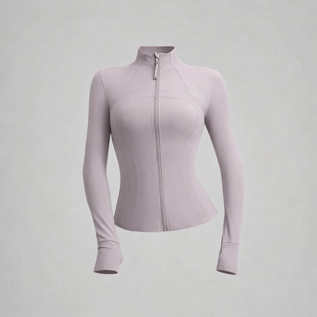 Lilac zip-up sculpting jacket on a mannequin, high neck and full sleeves