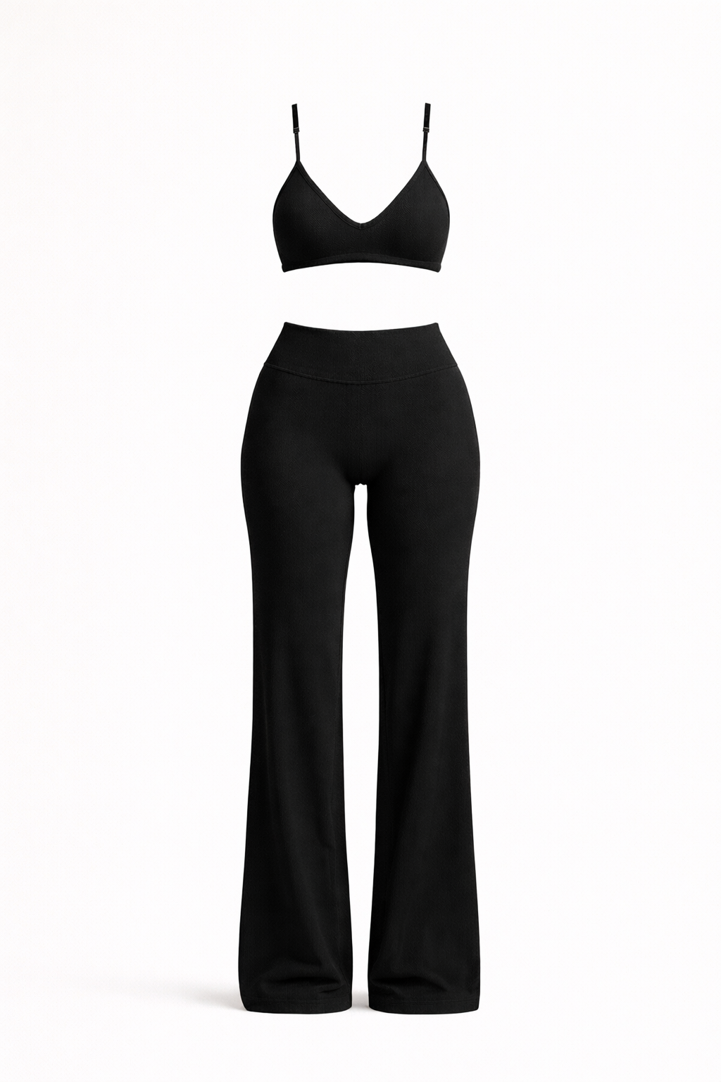 Obsidian bralette and high-waist flared pants set, scoop neck bralette and flared legs