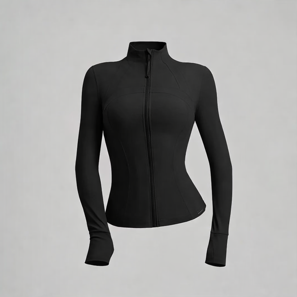 Black zip-up sculpting jacket with stand collar and long sleeves