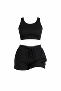 Black two-piece loungewear set with racerback crop top and drawstring elastic shorts