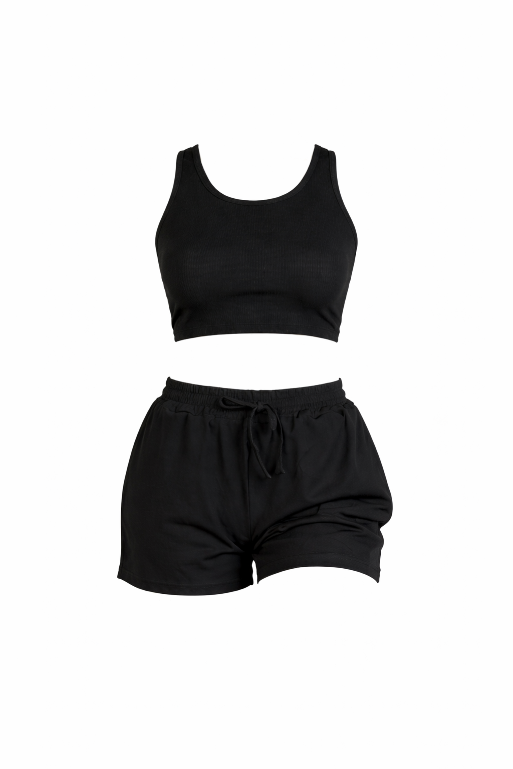 Black two-piece loungewear set with racerback crop top and drawstring elastic shorts