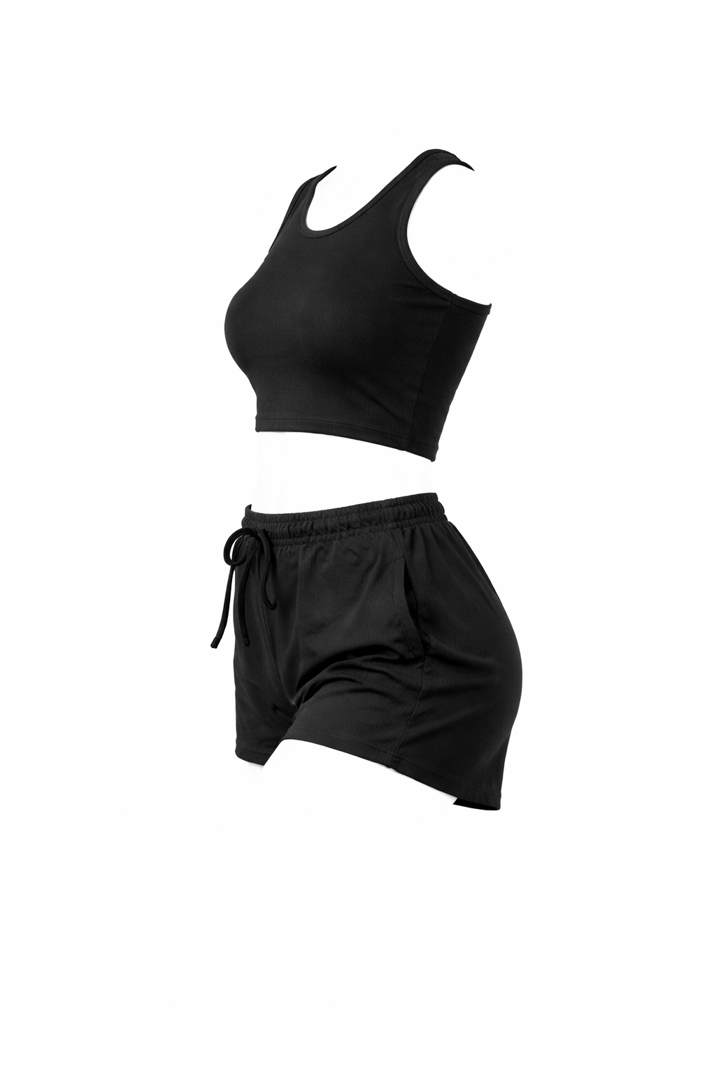 Black two-piece loungewear set with racerback crop top and drawstring shorts, side view