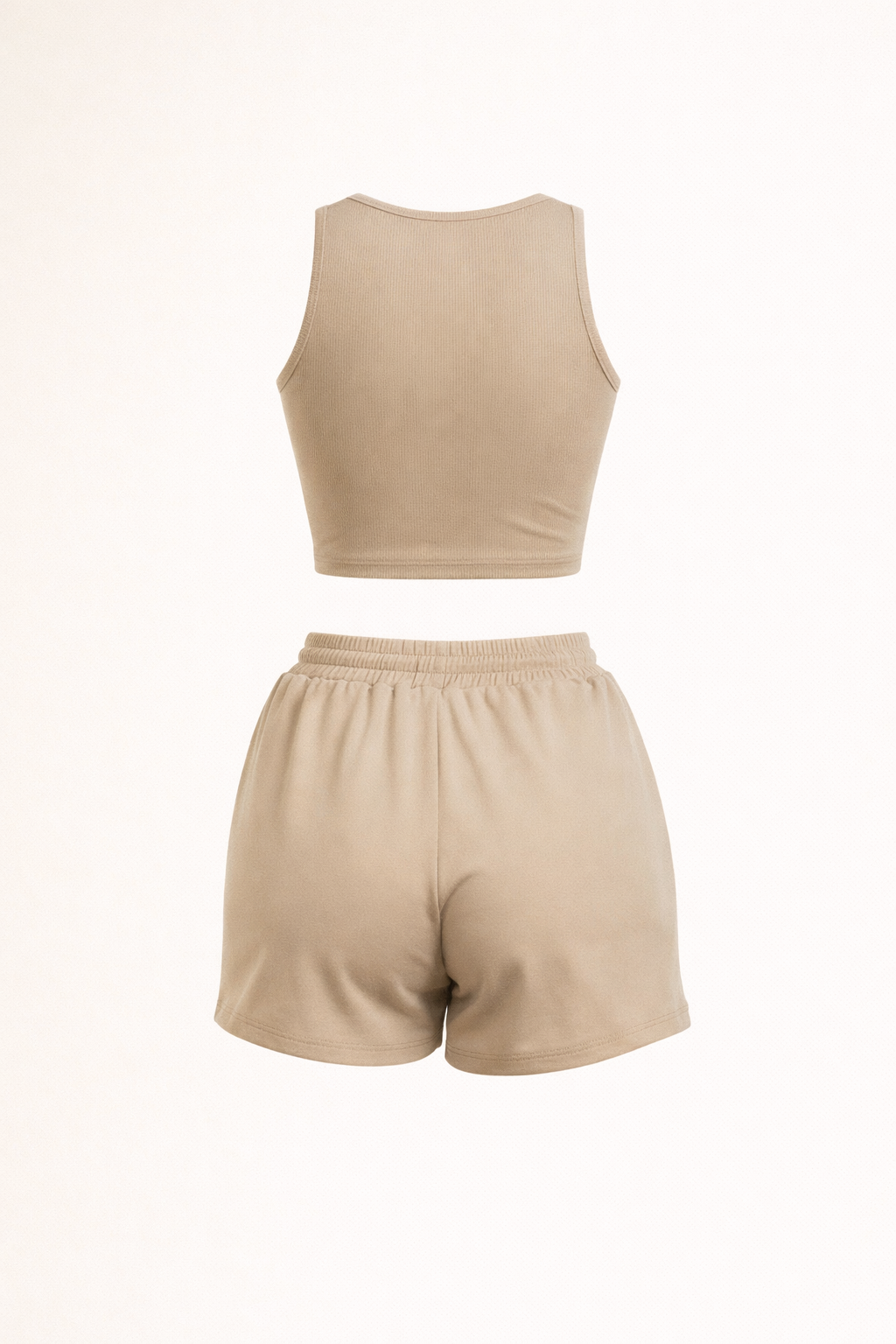 Beige loungewear two-piece set with racerback crop top and elastic drawstring shorts