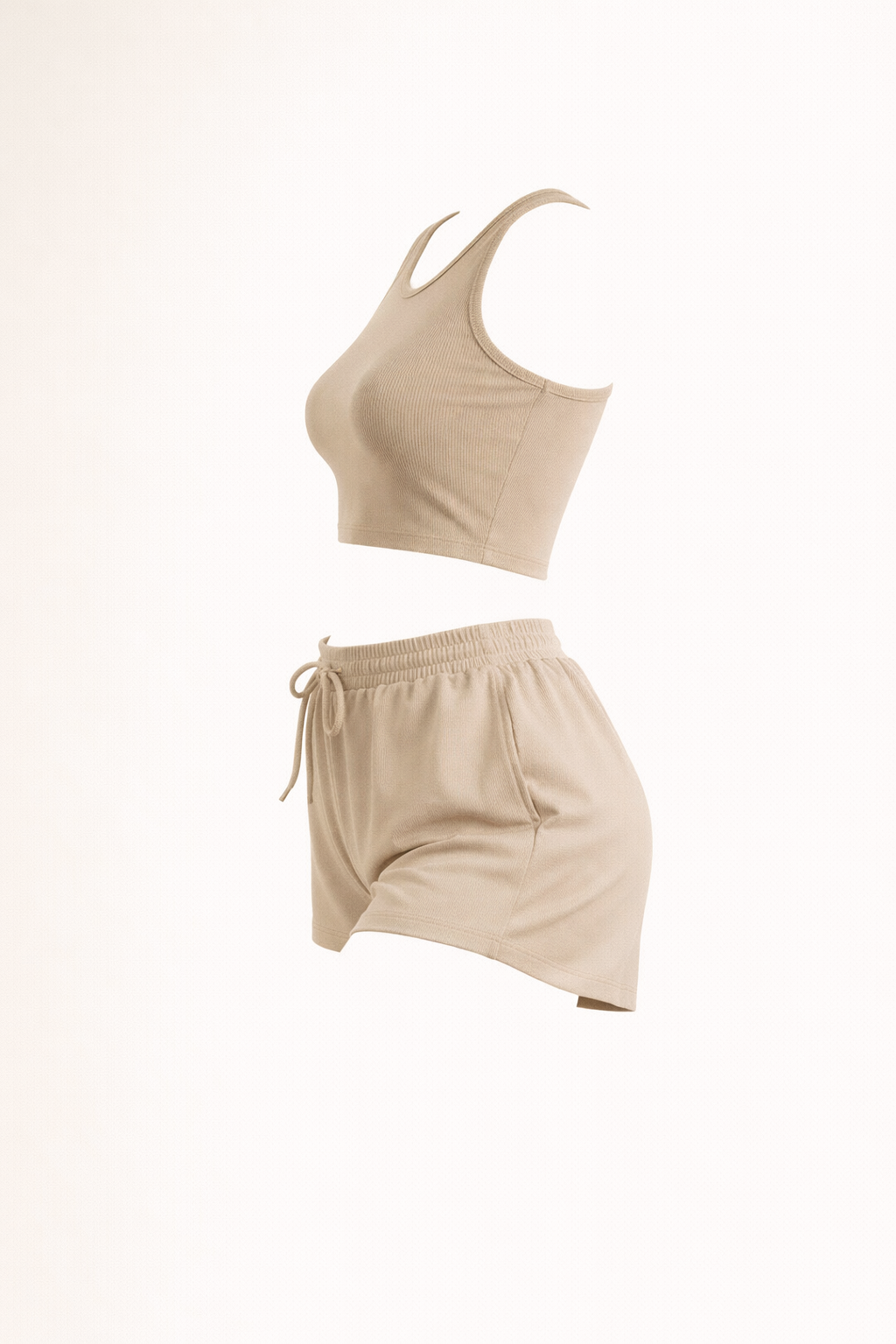 Beige two-piece loungewear set with racerback crop top and drawstring shorts, side view